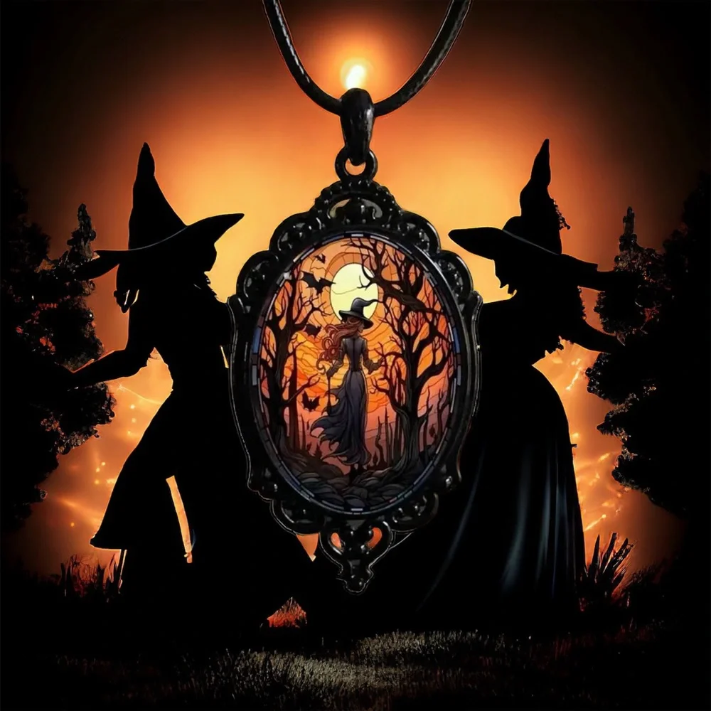 Retro Style Bat Witch Pendant Cameo Black Pendant  Necklace Gothic Glass Pendant